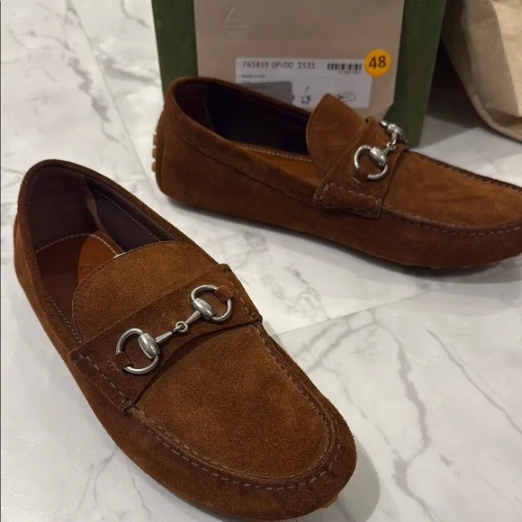 Gucci Men\'s Tan Suede Loafers with Silver Accents Gucci Horsebit 1953 GG debossed suede loafers Gucci main image 4
